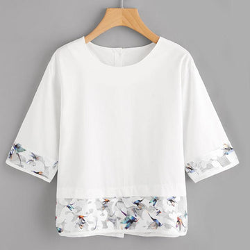 Mesh Patchwork Half Sleeve Blouse