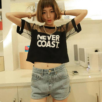 'NEVER COAST' Mesh Patchwork Crop T-Shirt