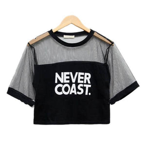 'NEVER COAST' Mesh Patchwork Crop T-Shirt