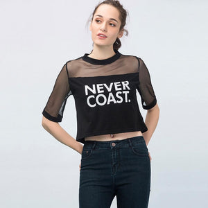 'NEVER COAST' Mesh Patchwork T-Shirt