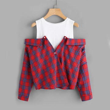 Plaid Open Shoulder Shirt