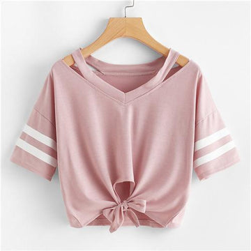 Striped Bow Tie V-Neck T-Shirt