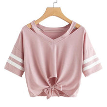 Load image into Gallery viewer, Striped Bow Tie V-Neck T-Shirt