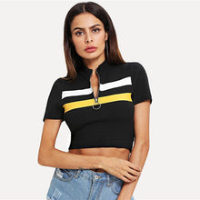 Load image into Gallery viewer, Striped Zip-Up Crop T-Shirt