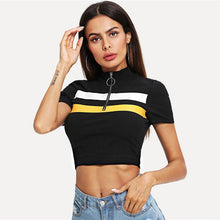 Load image into Gallery viewer, Striped Zip-Up Crop T-Shirt