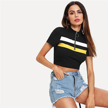 Load image into Gallery viewer, Striped Zip-Up Crop T-Shirt