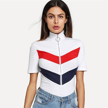 Striped Zip-Up Turtleneck T-Shirt
