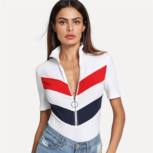 Striped Zip-Up Turtleneck T-Shirt