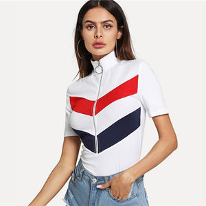 Striped Zip-Up Turtleneck T-Shirt