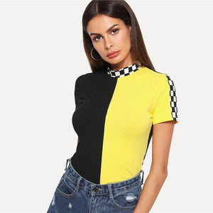 Two Tone Stand Collar Patchwork T-Shirt