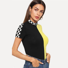 Load image into Gallery viewer, Two Tone Stand Collar Patchwork T-Shirt