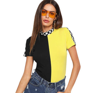Two Tone Stand Collar Patchwork T-Shirt
